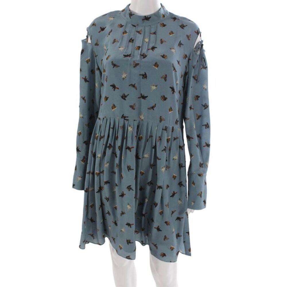 Unique Women Silk Butterfly Mini Dress Blue Mock Neck Long Sleeve Size 10